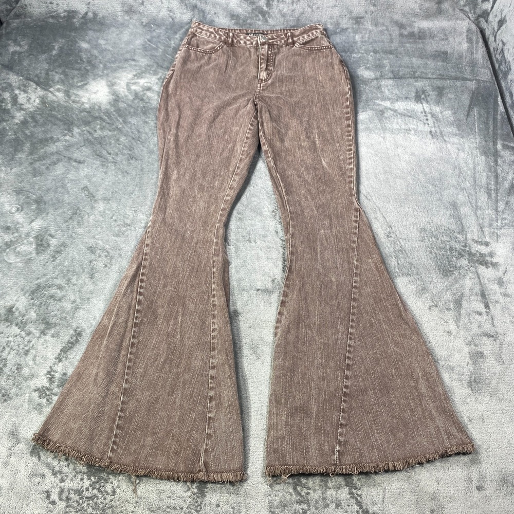 Versona Flare Jeans Sz 2 Brown Bell Bottom Raw Hem Y2K Boho Denim Pants Pleated